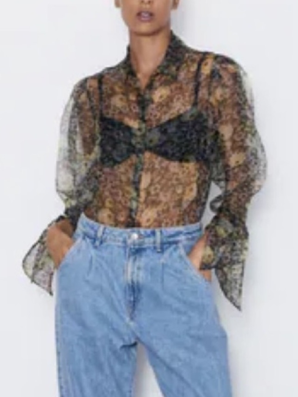 Zara Sheer Black Floral Button-Front Blouse